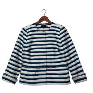 Talbots 6 Stripe Fringe Jacket Career Coastal Blue White Snap Front Pockets
